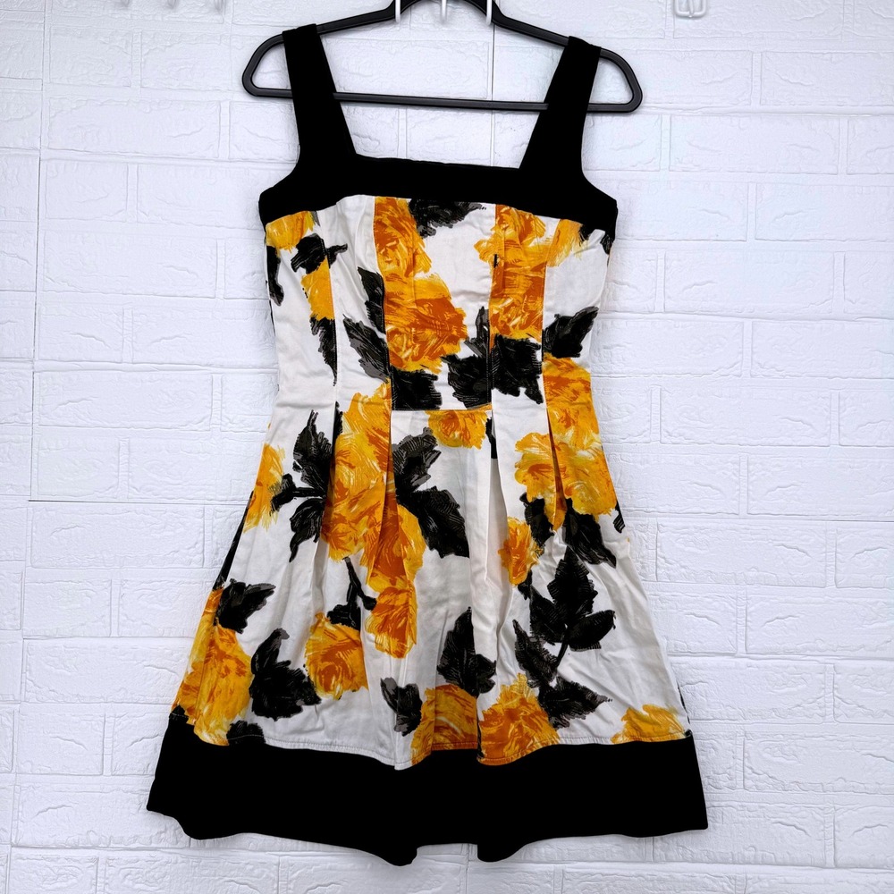 Corey P Floral Fit and Flare Dress Womens Size 6 Yellow Black Rose Square Neck